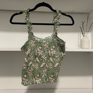 3 for $25✨ Aerie Green Floral Ruched Ruffle Tank Top